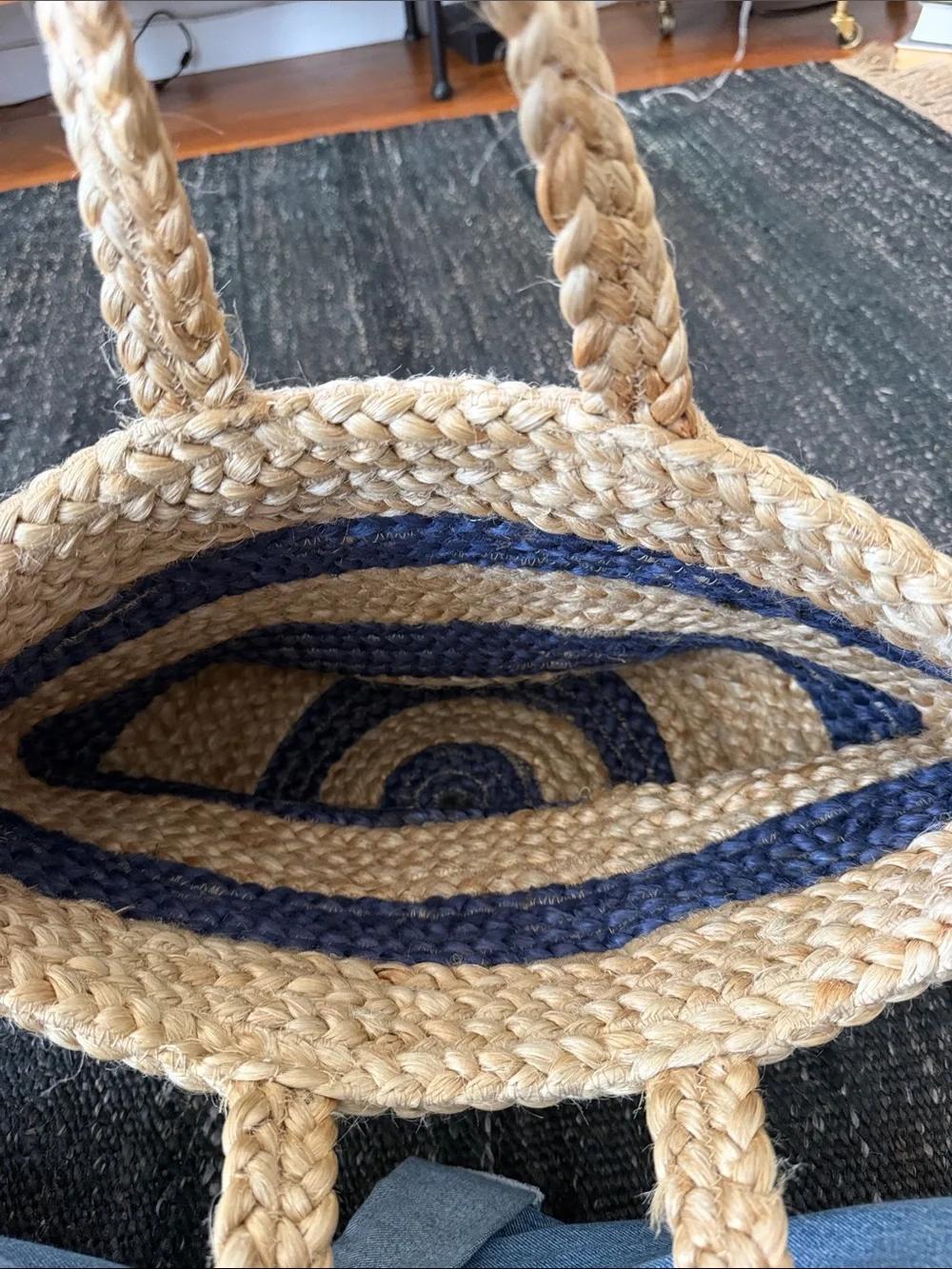 Striped Braided Jute Tote Basket in Natural and Blue